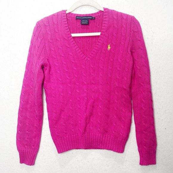 Ralph Lauren Sweaters - Ralph Lauren Sport Hot Pink V-Neck Cable Knit Sweater 100% Cotton Polo Vintage